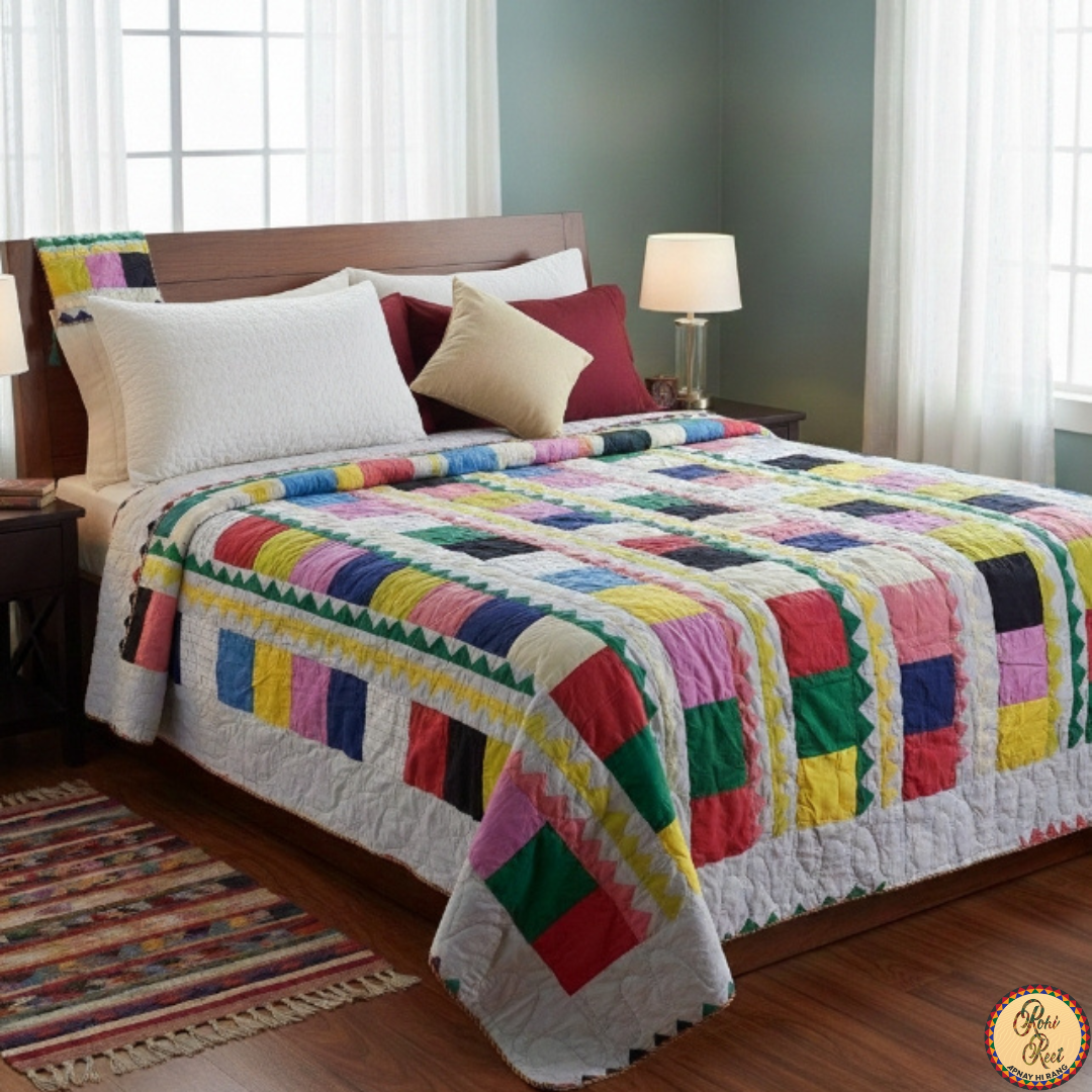 Multi-color Squireapplique designed bed relli.