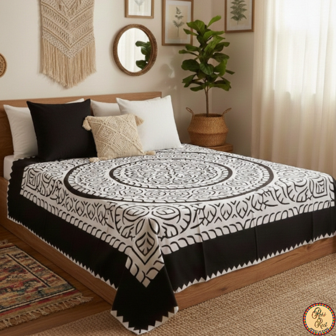 Black rilli, white applique circle design.