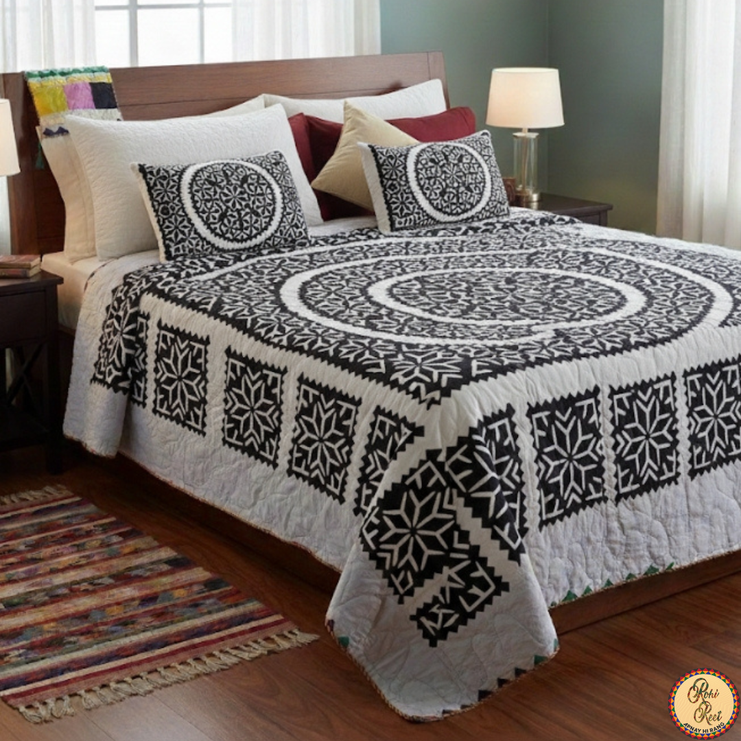 White rilli, with black applique.