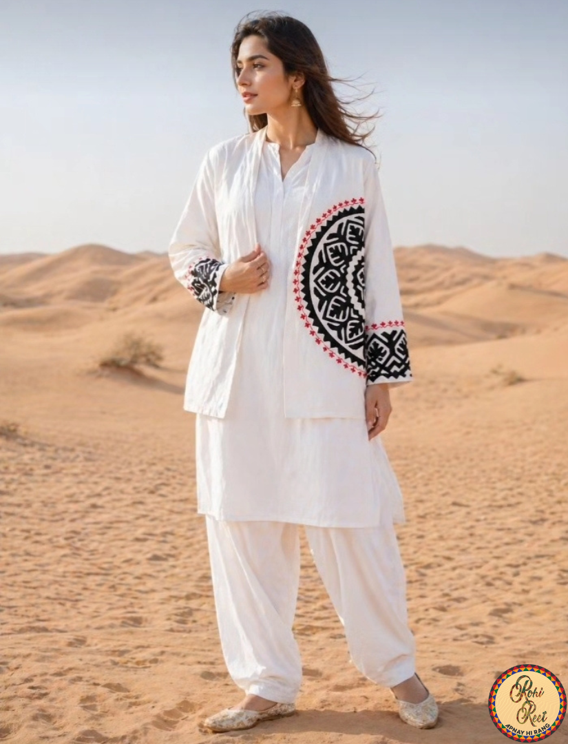 White open-front upper with red embroidered accents.
