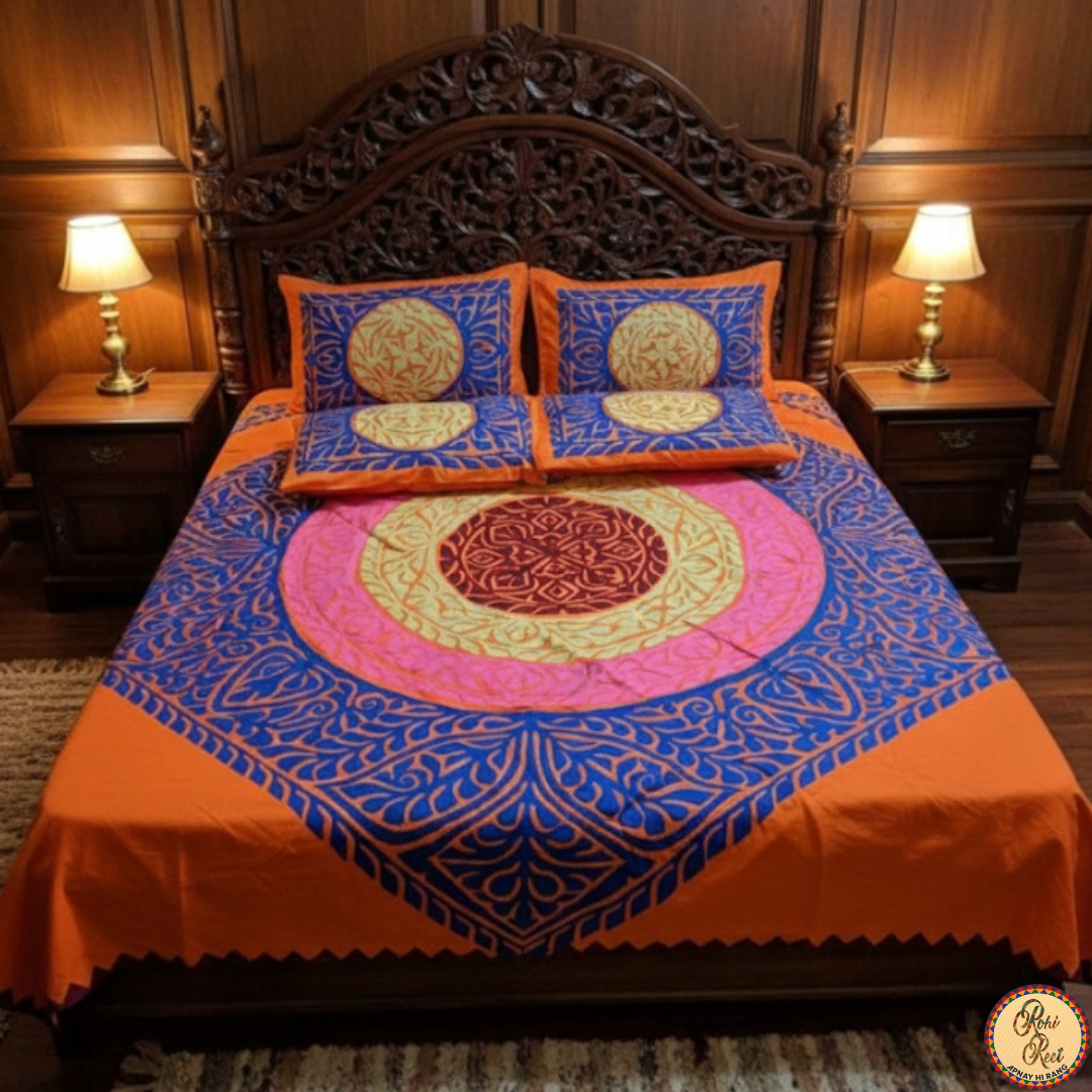 Orange and purple colored applique relli.